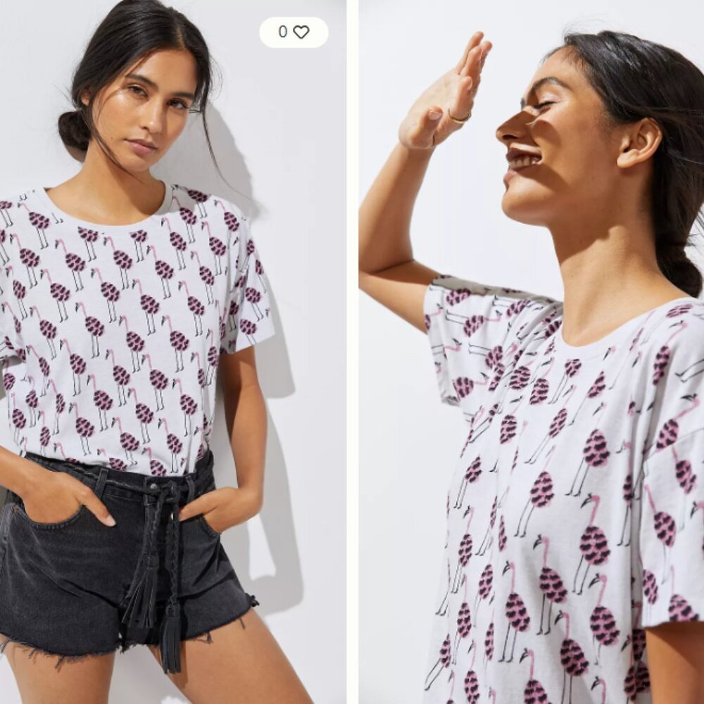 Anthropologie Kendra Dandy Flamingo Printed Tee in Gray/Grey/Pink Large